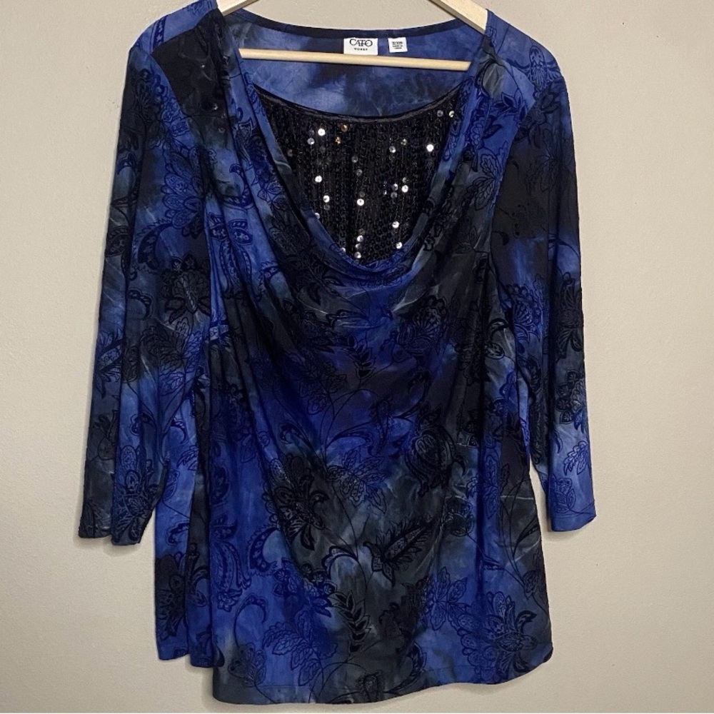 Cato Sequin Cowl Drape Neck Blouse Women 18/20W Blue Black Paisley 3/4 Sleeve